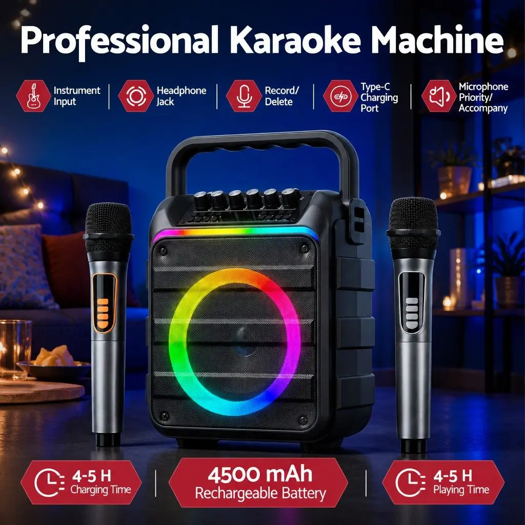 Portable Karaoke Machine with 2 Wireless Microphones Bluetooth 5.3 Speaker