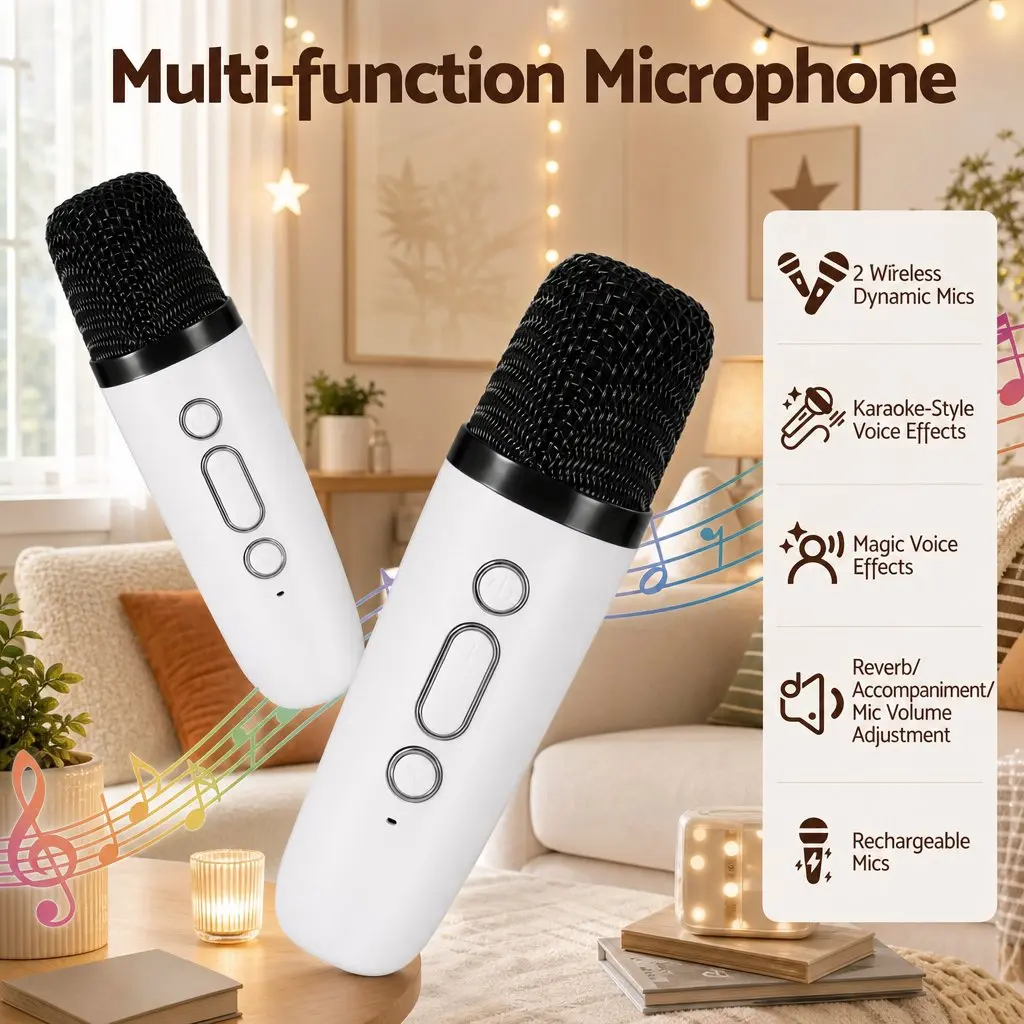 Mini Portable Karaoke Machine with 2 Wireless Microphones Bluetooth Speaker