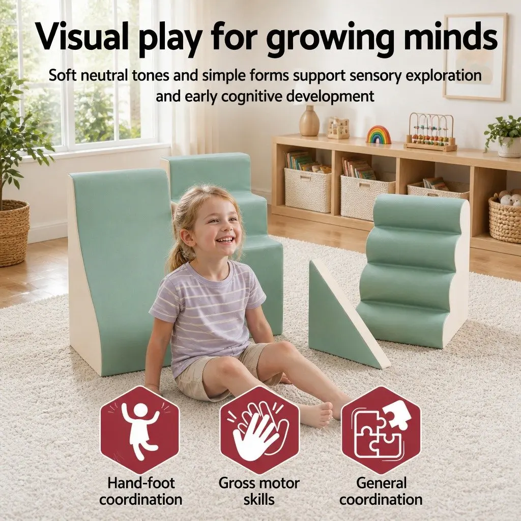 Kids Climbing Blocks Foam 4 Piece Toddler Playset Soft Indoor Activity Green Khaki