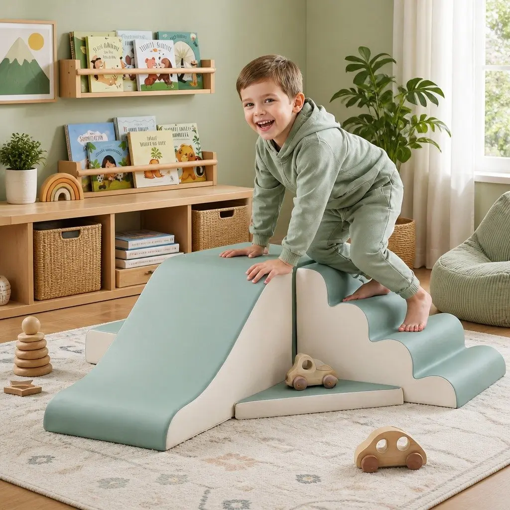 Kids Climbing Blocks Foam 4 Piece Toddler Playset Soft Indoor Activity Green Khaki