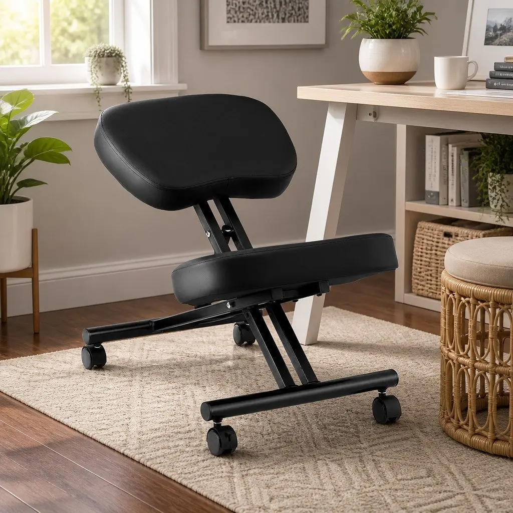 Kneeling Chair Ergonomic Metal Adjustable Height Black PU Leather Seat