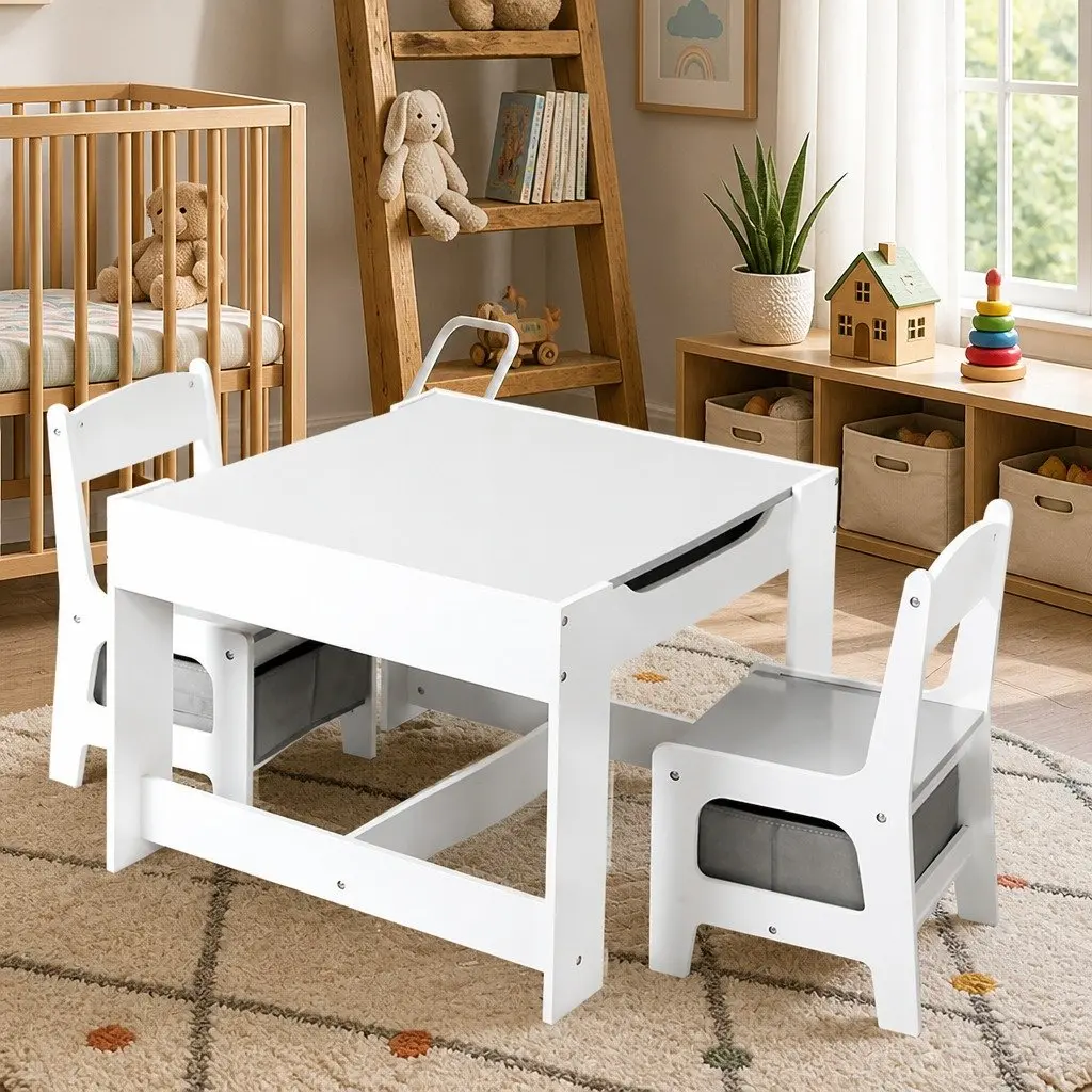 Kids Table and Chairs Set MDF and Non-Woven Fabric 60cm x 60cm x 48cm White and Grey