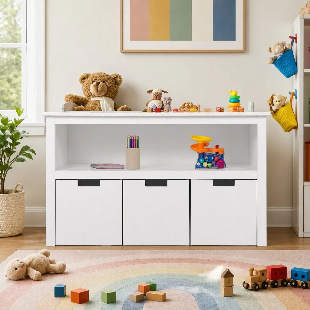 Kids Toy Storage Unit MDF Board 95.5cm W x 33cm D x 61cm H White