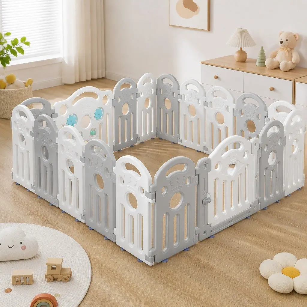 Kids Playpen Portable Indoor Outdoor Safety Gate 18 Panels 60cm High Grey