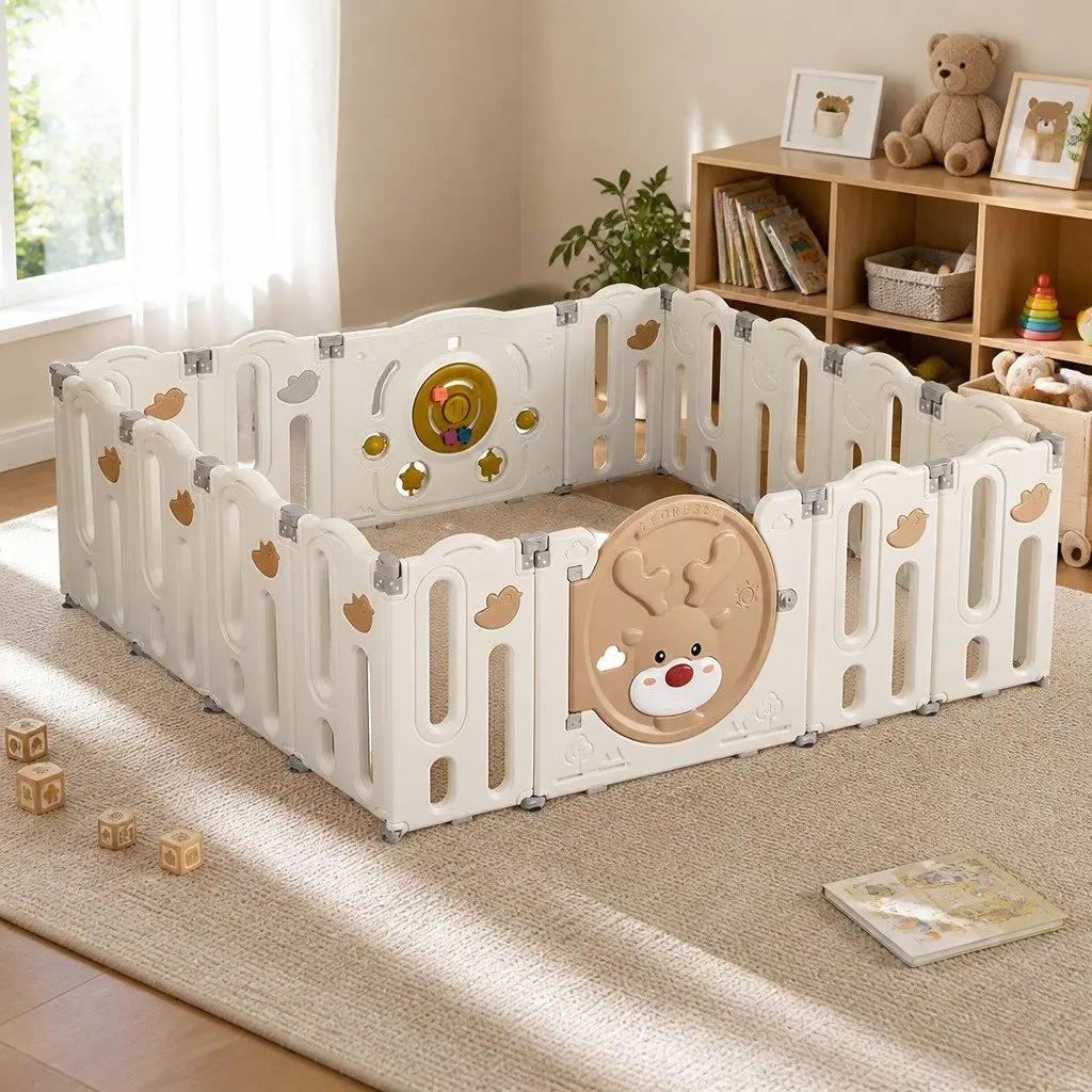 Kids Playpen Foldable HDPE 16 Panels Brown and Cream Indoor Outdoor Toddler Safety Gate