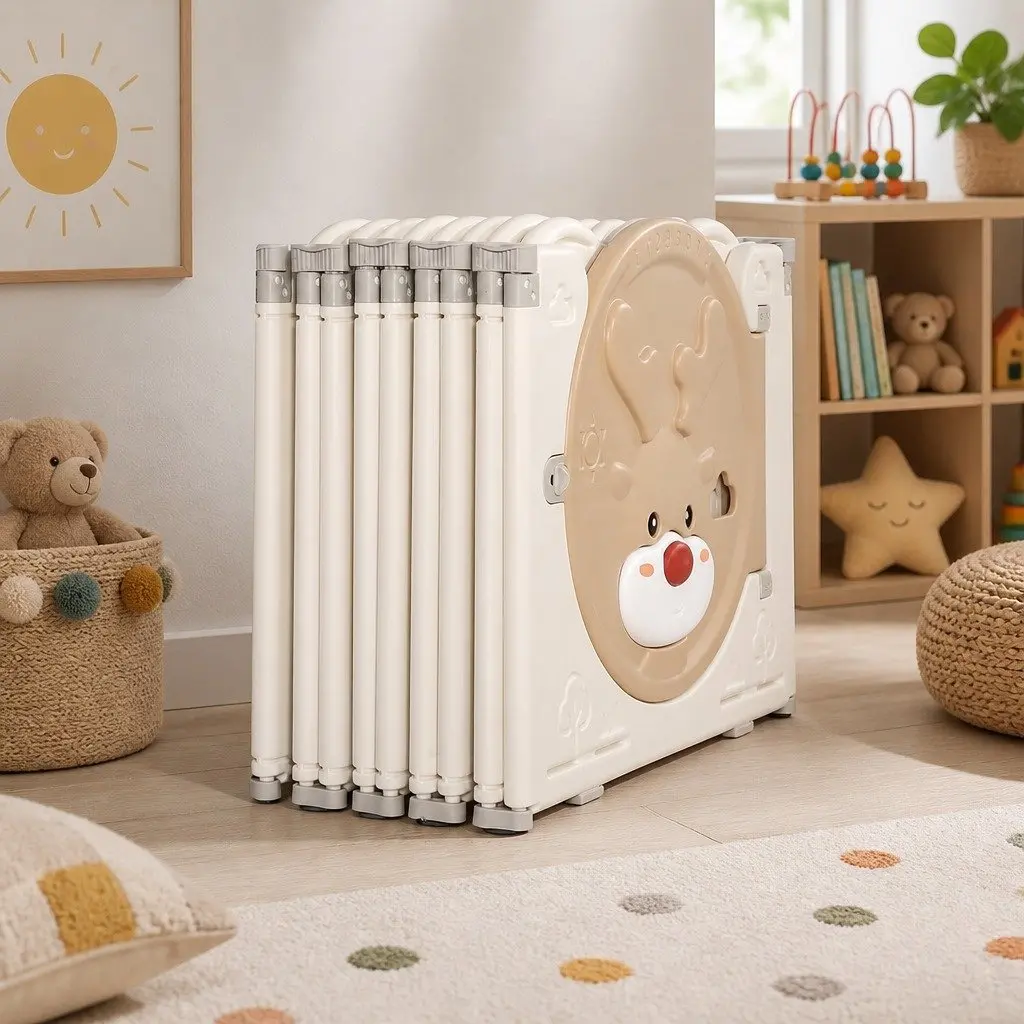 Kids Playpen Foldable HDPE 16 Panels Brown and Cream Indoor Outdoor Toddler Safety Gate