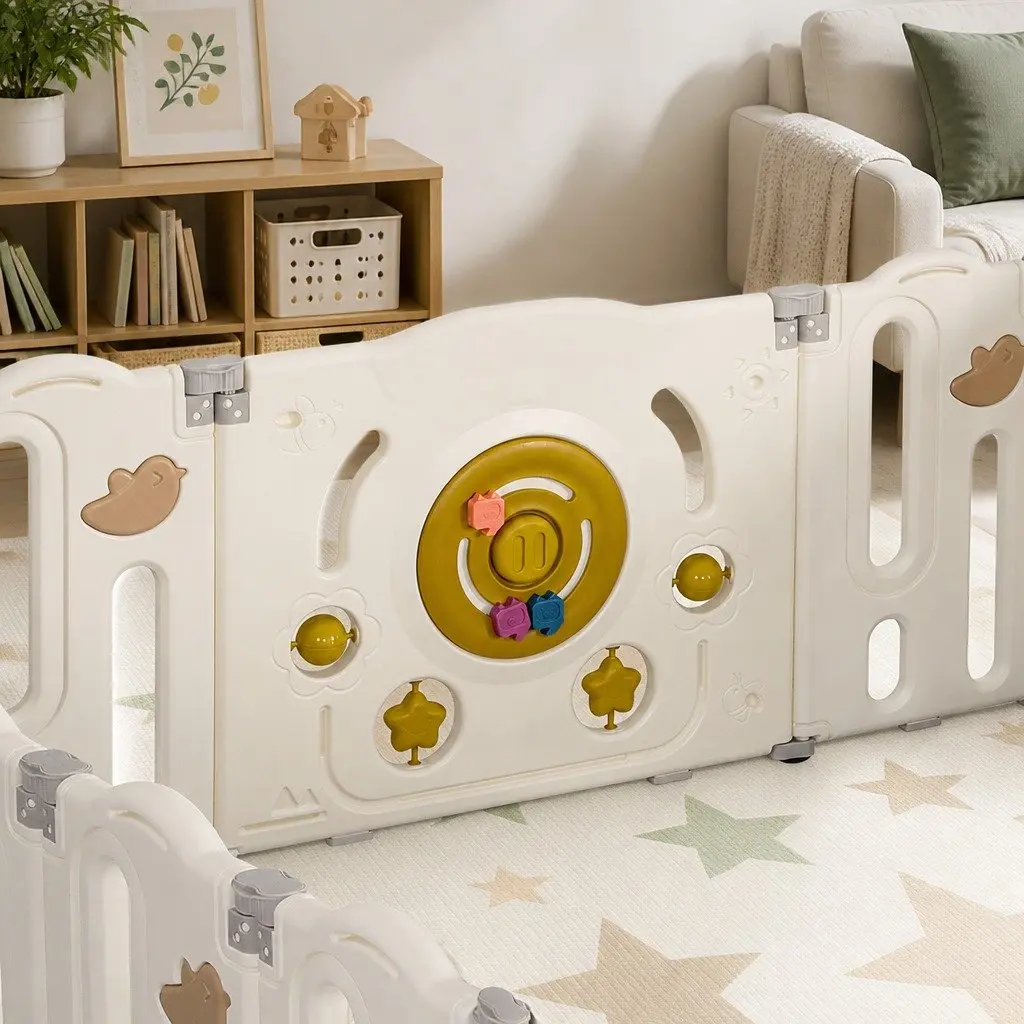 Kids Playpen Foldable HDPE 16 Panels Brown and Cream Indoor Outdoor Toddler Safety Gate