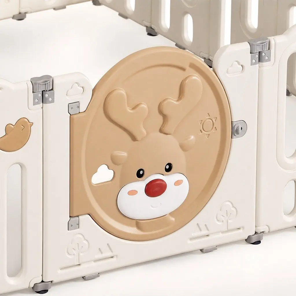 Kids Playpen Foldable HDPE 16 Panels Brown and Cream Indoor Outdoor Toddler Safety Gate