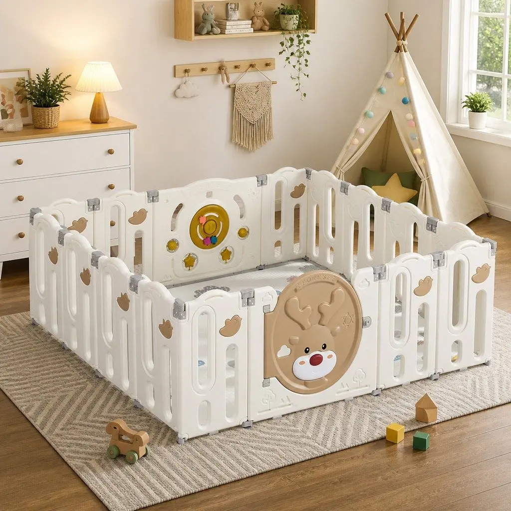 Kids Playpen Foldable HDPE 16 Panels Brown and Cream Indoor Outdoor Toddler Safety Gate