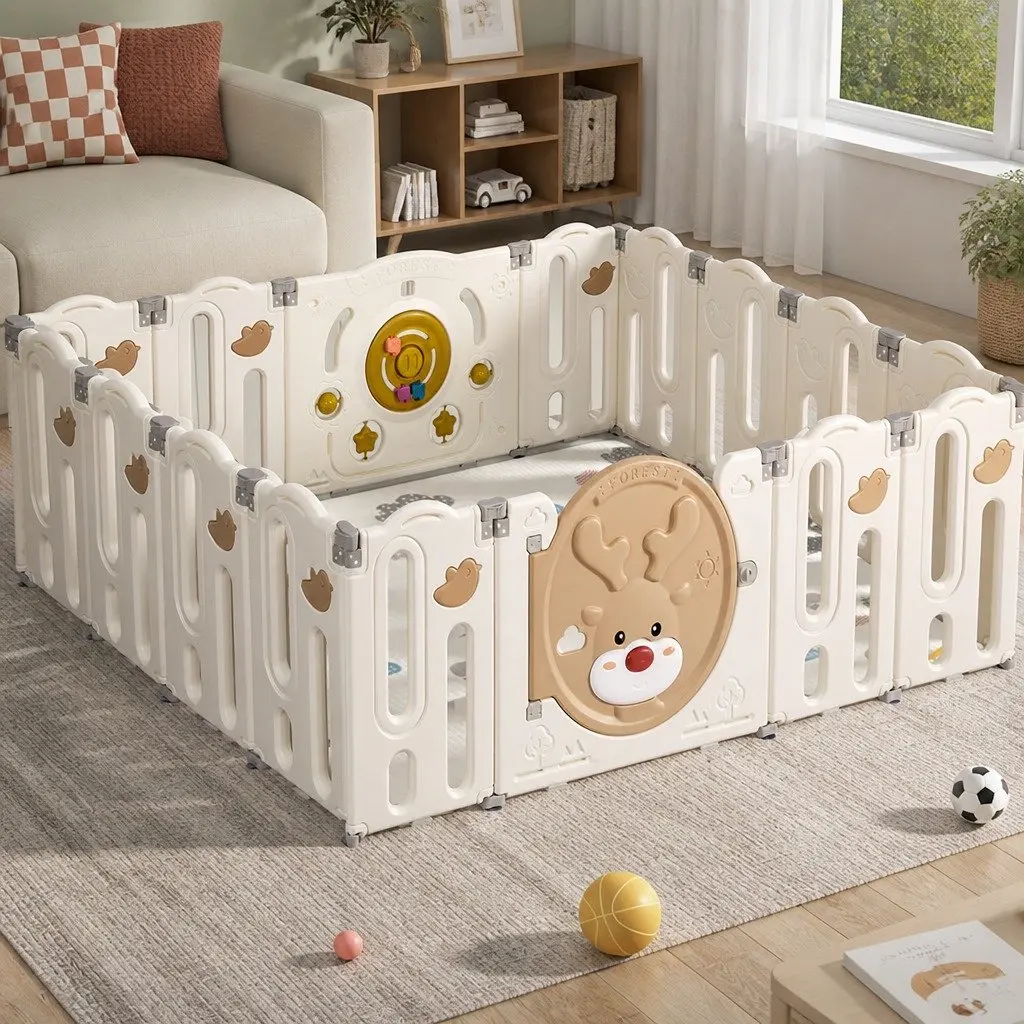 Kids Playpen Foldable HDPE 16 Panels Brown and Cream Indoor Outdoor Toddler Safety Gate