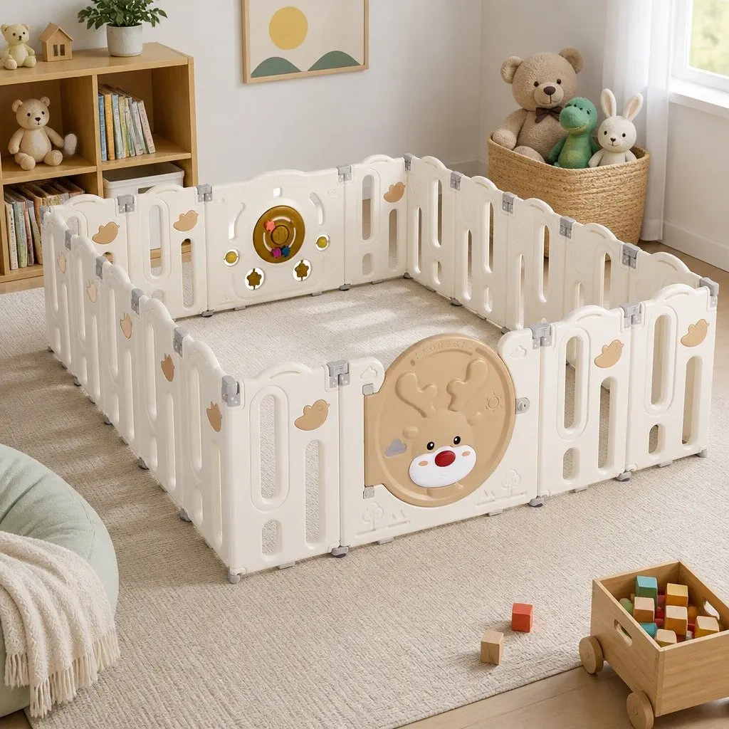 Kids Playpen Foldable 18 Panel Indoor Outdoor Brown and Cream