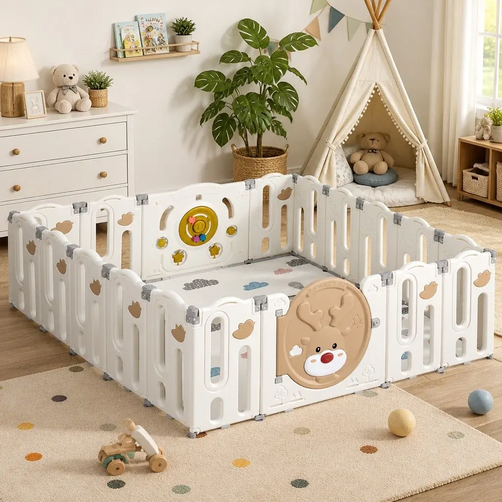 Kids Playpen Foldable 18 Panel Indoor Outdoor Brown and Cream