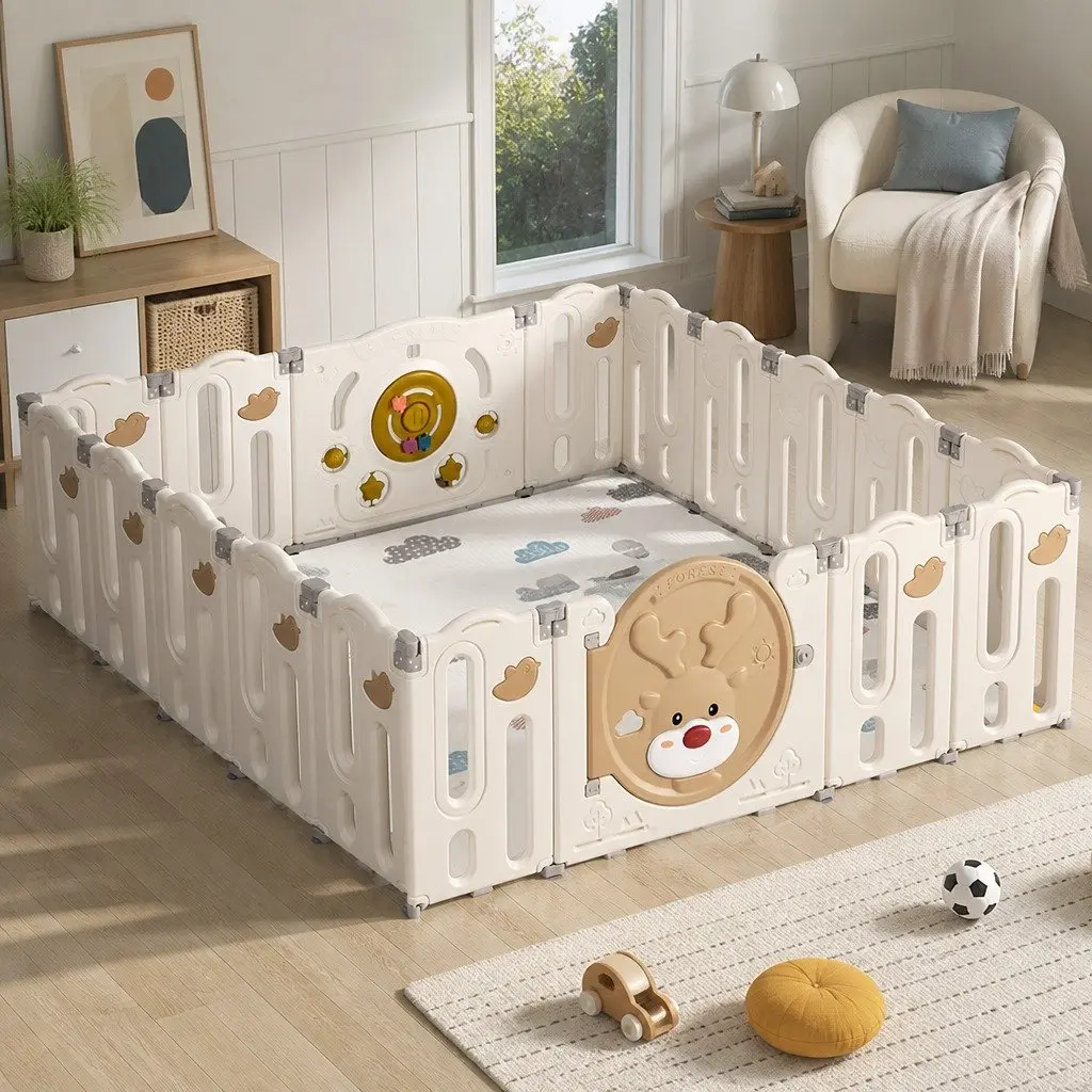 Kids Playpen Foldable 18 Panel Indoor Outdoor Brown and Cream