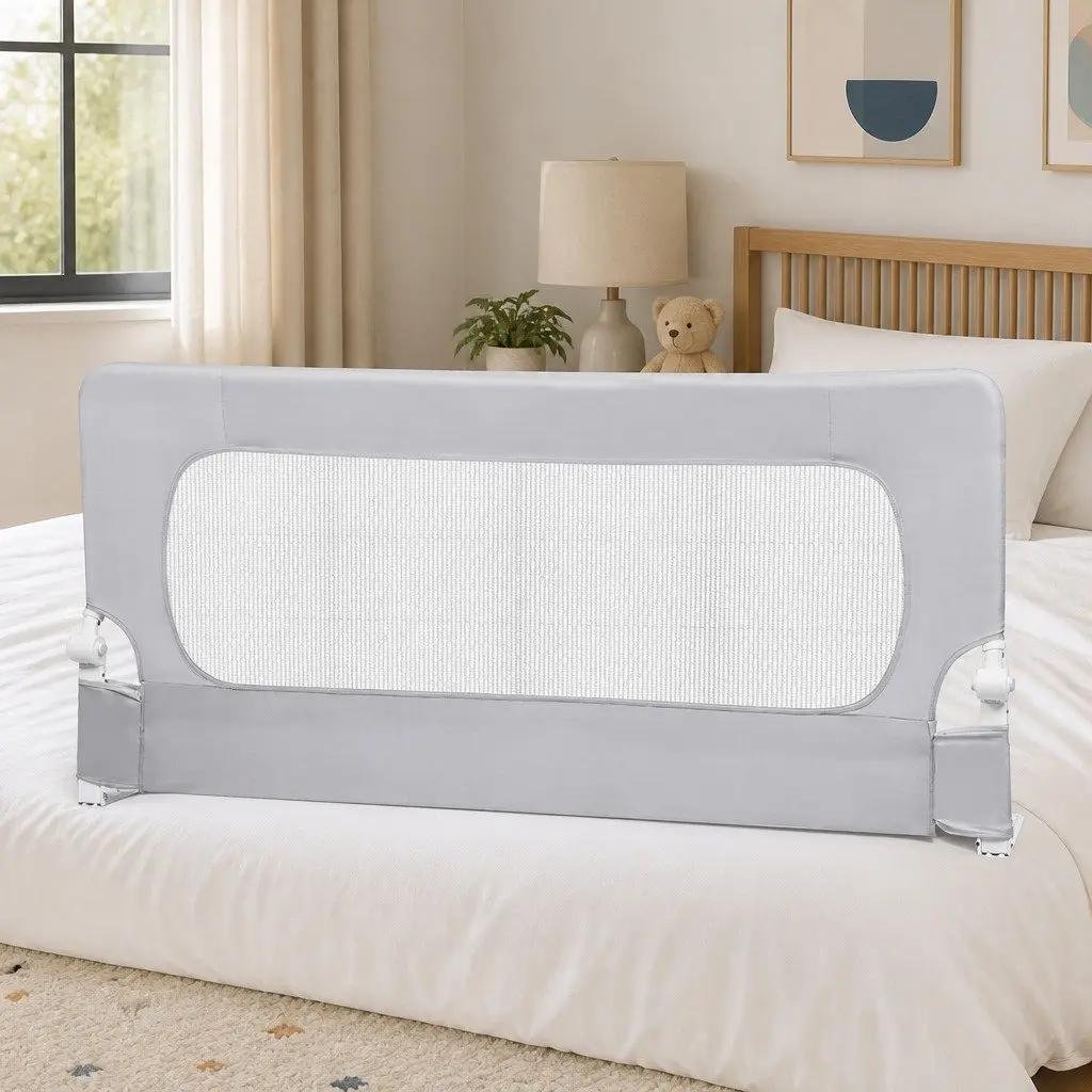 Bed Rail Safety Guard Adjustable Folding Mesh Barrier for Kids Grey 150cm 180cm 200cm