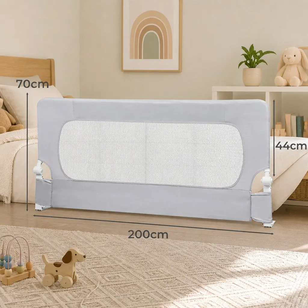 Bed Rail Safety Guard Adjustable Folding Mesh Barrier for Kids Grey 150cm 180cm 200cm
