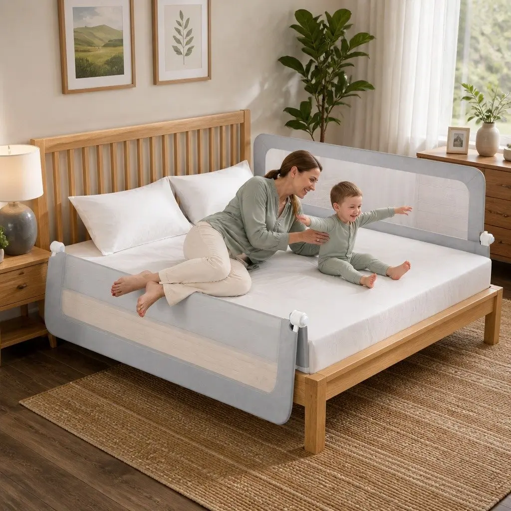 Bed Rail Safety Guard Adjustable Folding Mesh Barrier for Kids Grey 150cm 180cm 200cm