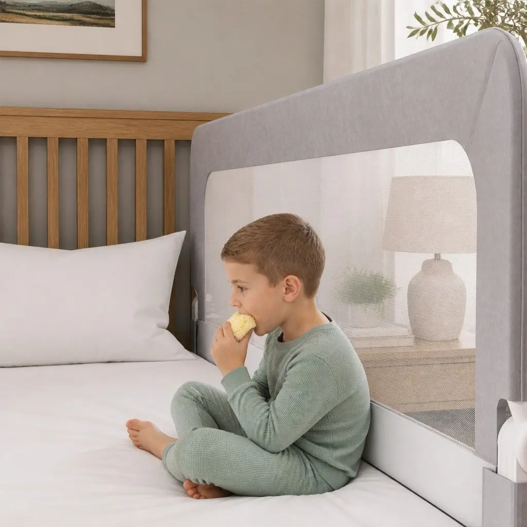 Bed Rail Safety Guard Adjustable Folding Mesh Barrier for Kids Grey 150cm 180cm 200cm