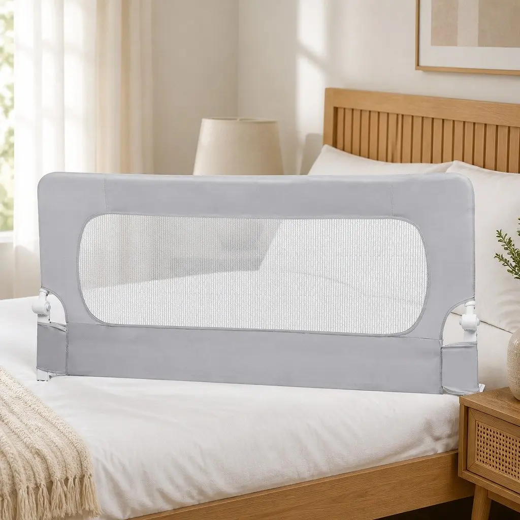 Kids Bed Rail Safety Guard Medium Folding Barrier Breathable Mesh Grey