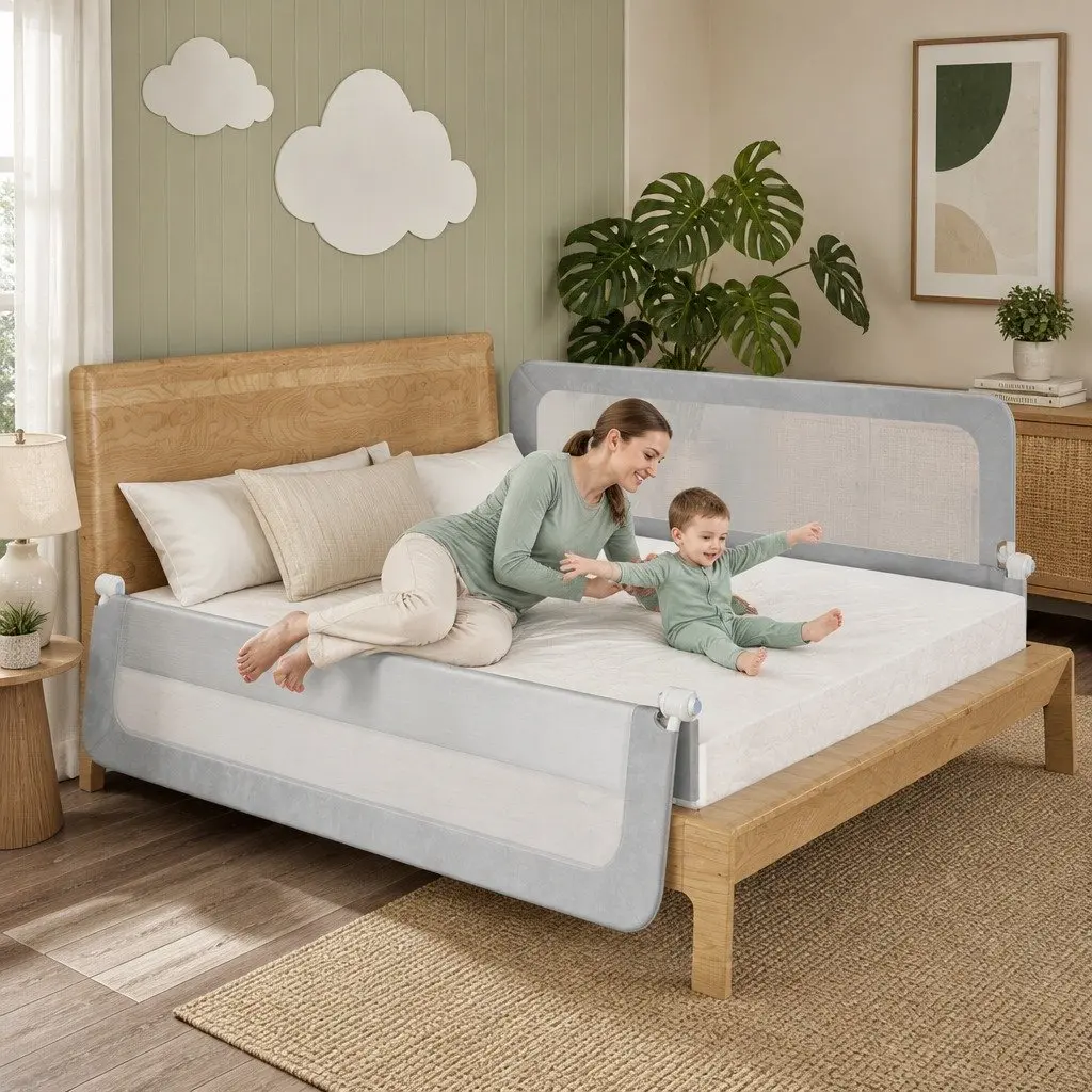 Kids Bed Rail Safety Guard Medium Folding Barrier Breathable Mesh Grey