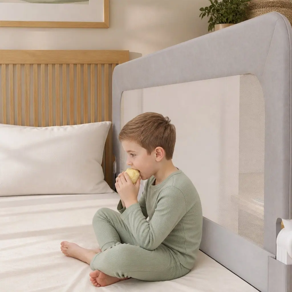 Kids Bed Rail Safety Guard Medium Folding Barrier Breathable Mesh Grey