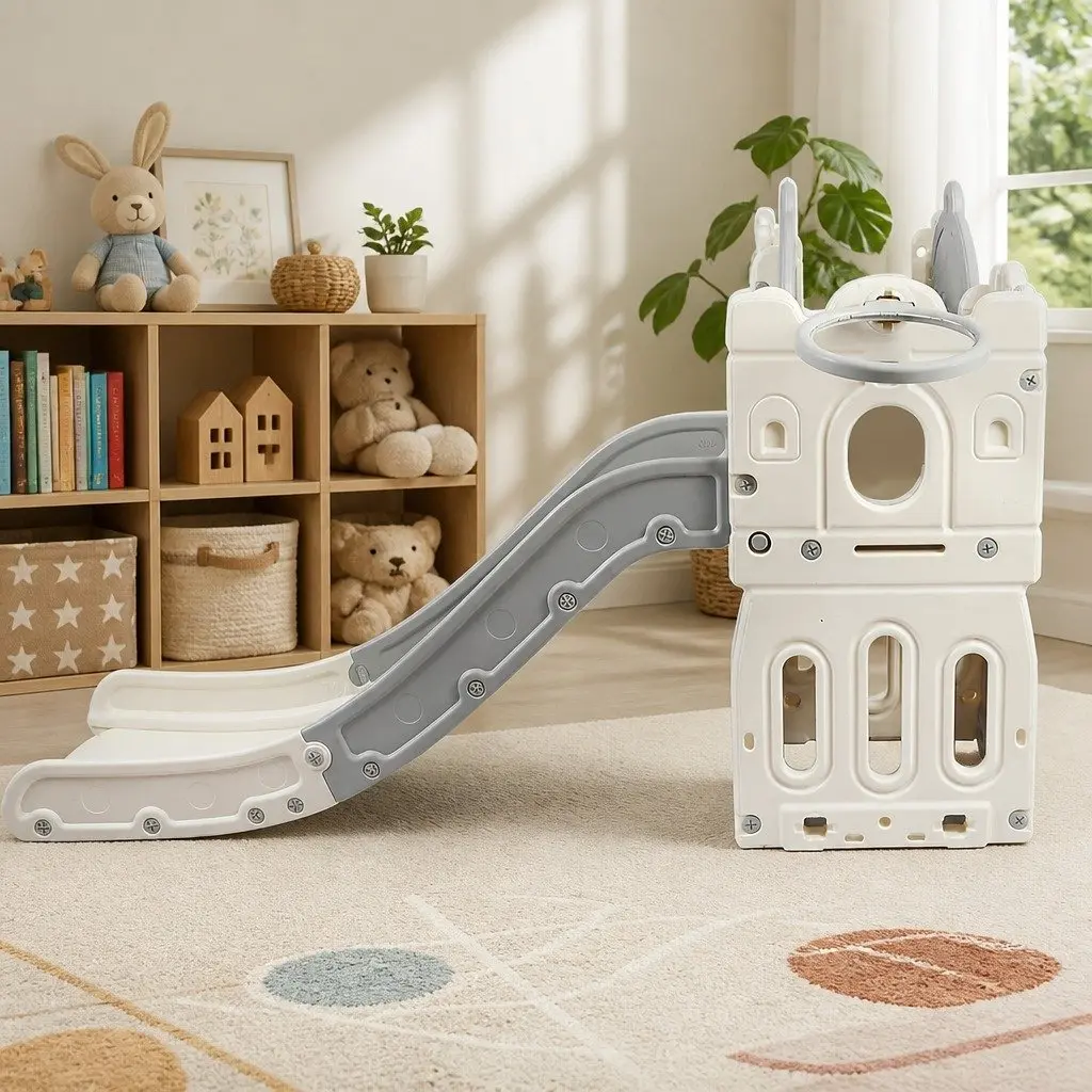 Kids Slide Set 6 In 1 HDPE Plastic Outdoor Play Centre Beige and Grey 190cm L x 210cm W x 106cm H