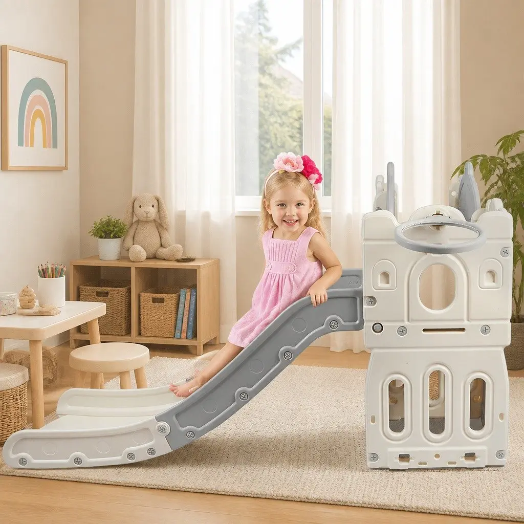 Kids Slide Set 6 In 1 HDPE Plastic Outdoor Play Centre Beige and Grey 190cm L x 210cm W x 106cm H