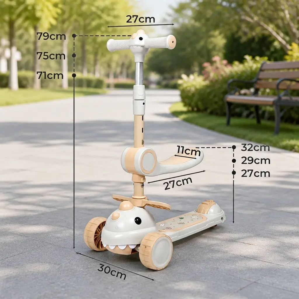 Kids Foldable Scooter with Flip-able Seat 3 Wheels Adjustable Handlebar Beige
