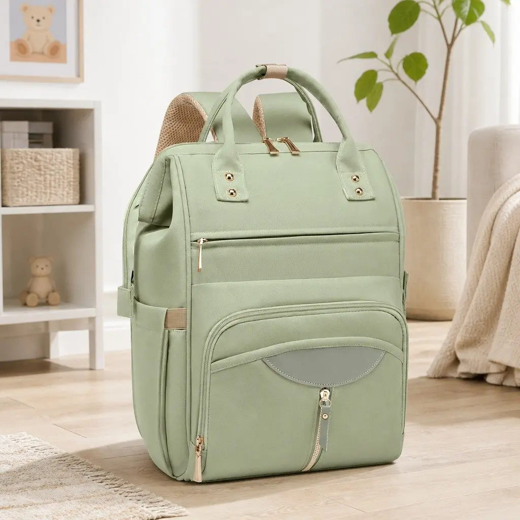 Mummy Backpack Diaper Bag Waterproof Oxford Fabric 28cm W x 18cm D x 40cm H Green
