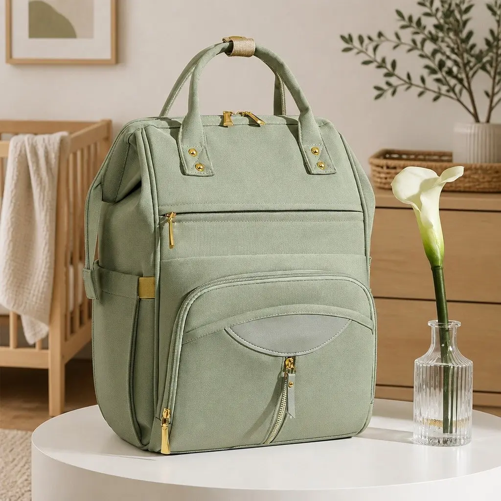 Mummy Backpack Diaper Bag Waterproof Oxford Fabric 28cm W x 18cm D x 40cm H Green