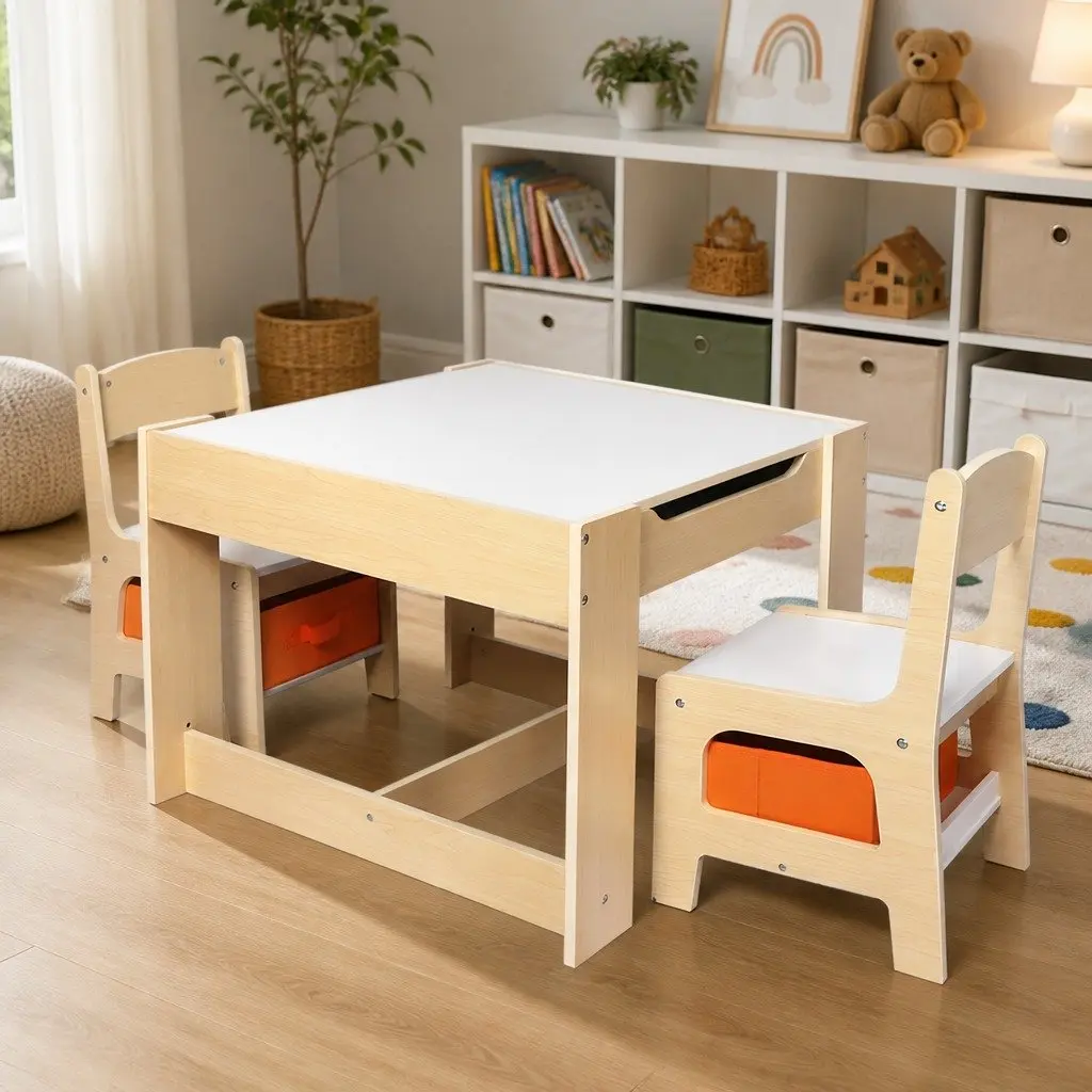 Kids Table and Chair Set MDF White and Natural Reversible Blackboard Flip-Top Storage 60cm x 60cm x 48cm 28.5cm x 30cm x 52.5cm