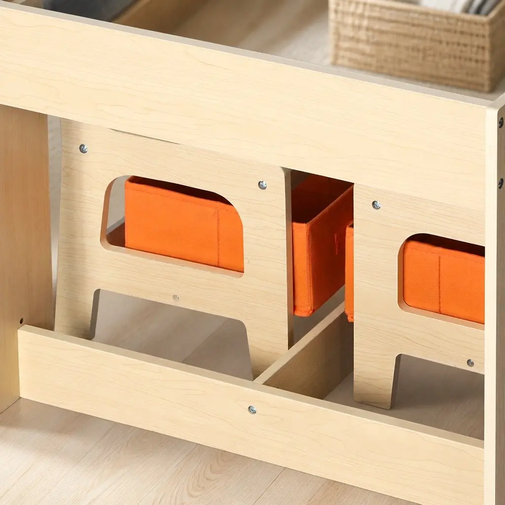 Kids Table and Chair Set MDF White and Natural Reversible Blackboard Flip-Top Storage 60cm x 60cm x 48cm 28.5cm x 30cm x 52.5cm