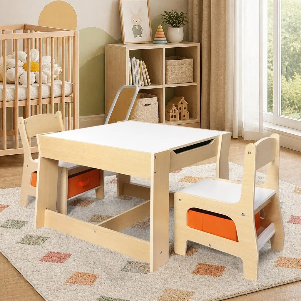 Kids Table and Chair Set MDF White and Natural Reversible Blackboard Flip-Top Storage 60cm x 60cm x 48cm 28.5cm x 30cm x 52.5cm