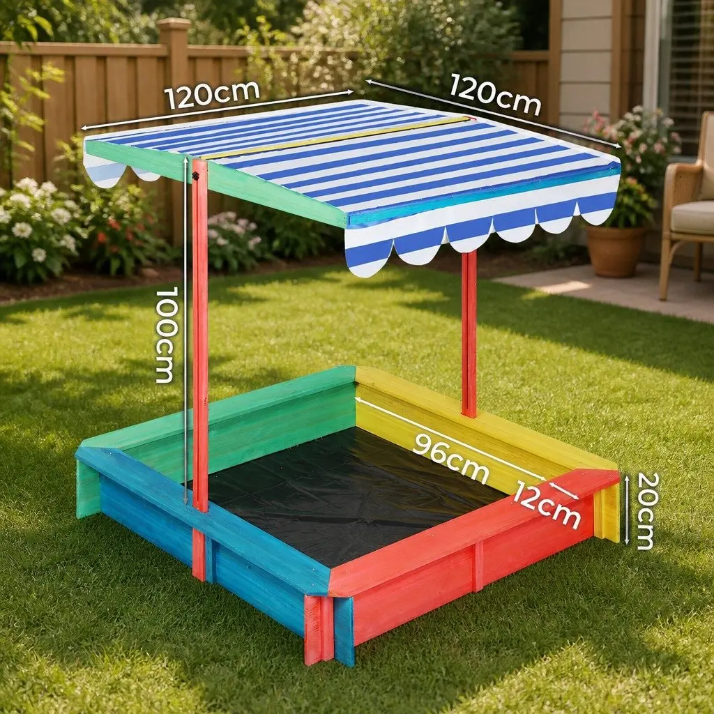 Kids Wooden Sandbox Fir Wood 120x120cm Natural with UV Resistant Canopy