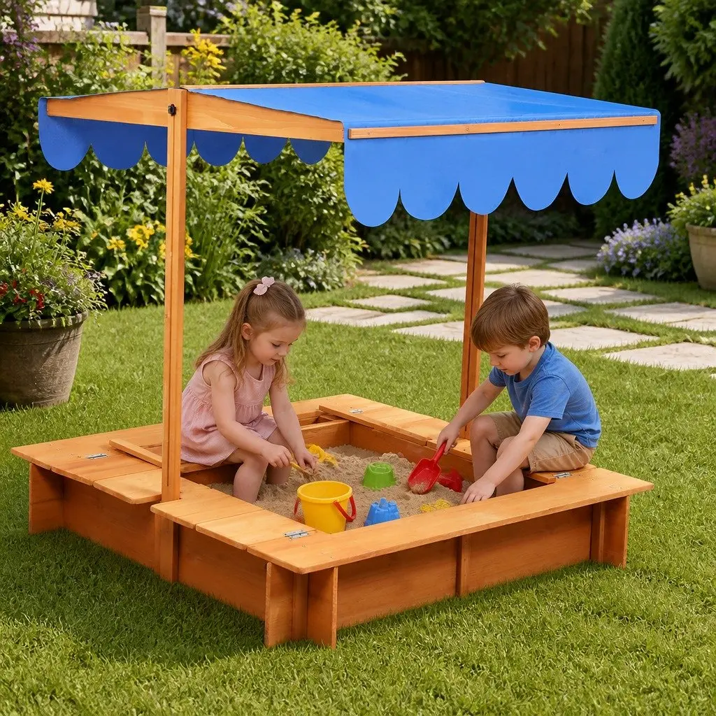 Wooden Sandbox with Adjustable Canopy 112cm Natural