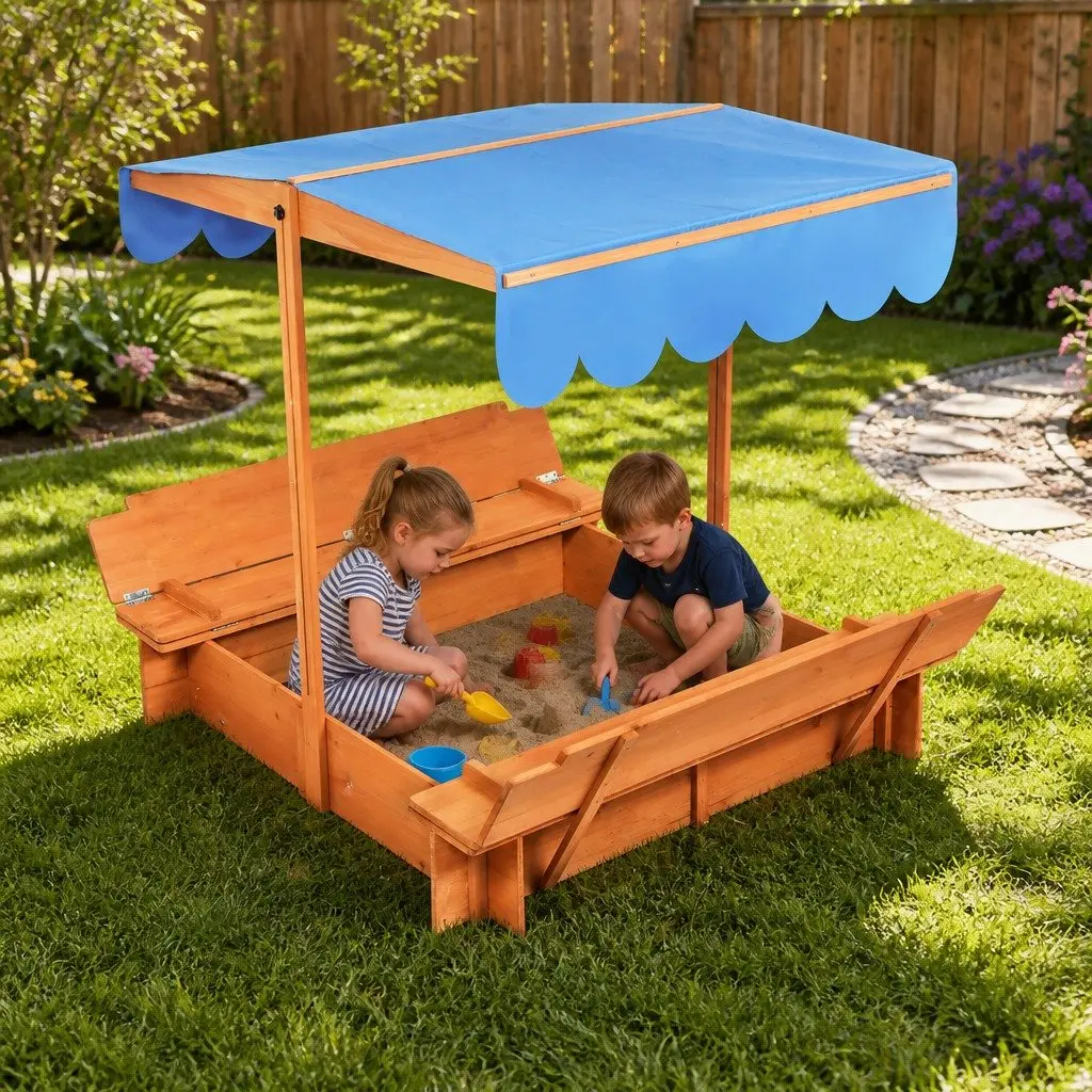 Wooden Sandbox with Adjustable Canopy 112cm Natural