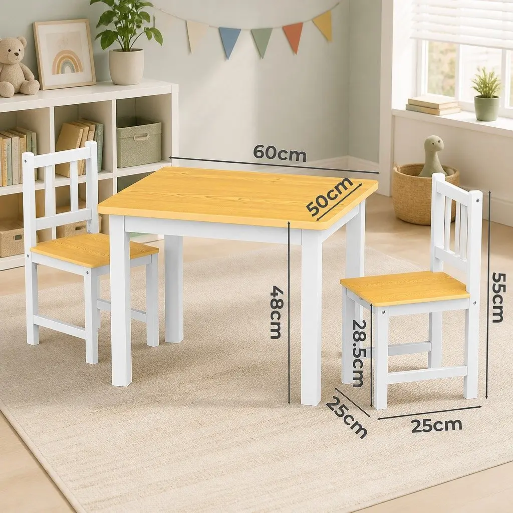 Kids Table and Chairs Set Wooden 3PCS White Study Activity Play Craft Art Station