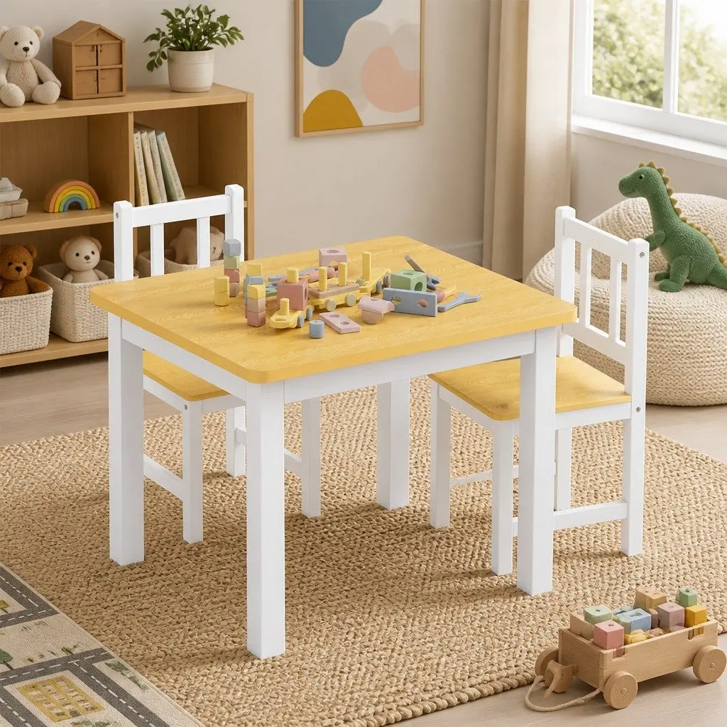 Kids Table and Chairs Set Wooden 3PCS White Study Activity Play Craft Art Station