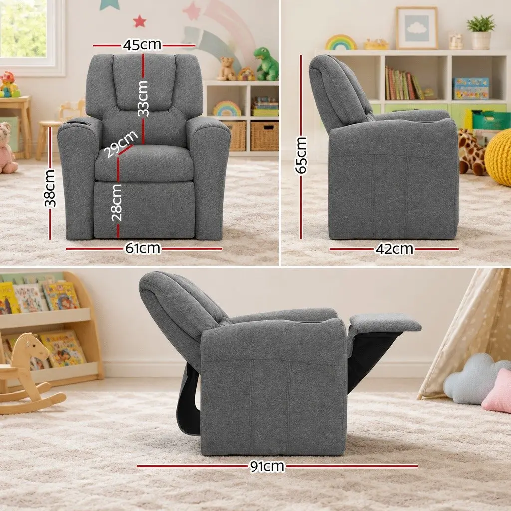 Kids Recliner Chair Grey Linen Armchair Lounge Sofa Couch with Cup Holder