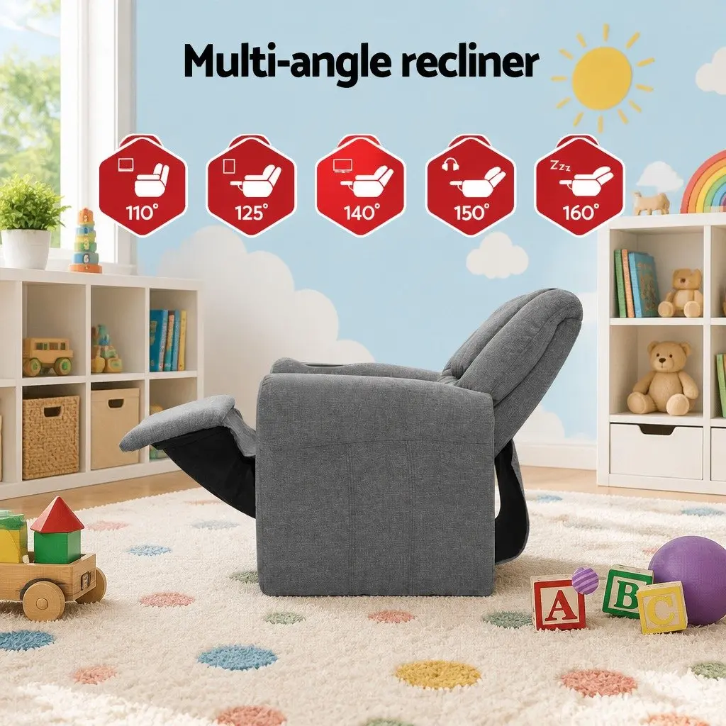 Kids Recliner Chair Grey Linen Armchair Lounge Sofa Couch with Cup Holder