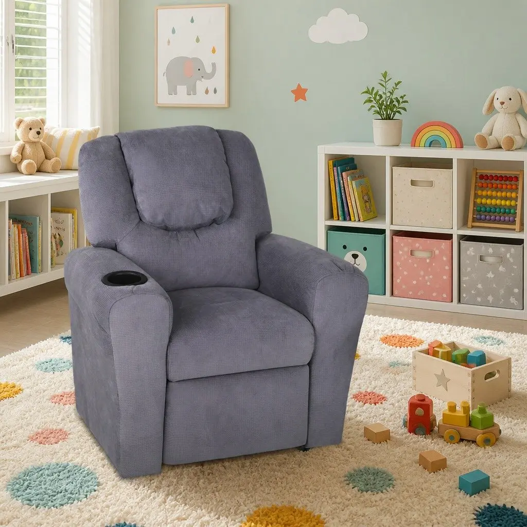 Kids Recliner Chair Grey Linen Armchair Lounge Sofa Couch with Cup Holder