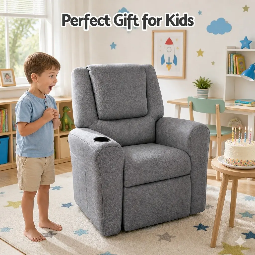 Kids Recliner Chair Grey Linen Armchair Lounge Sofa Couch with Cup Holder