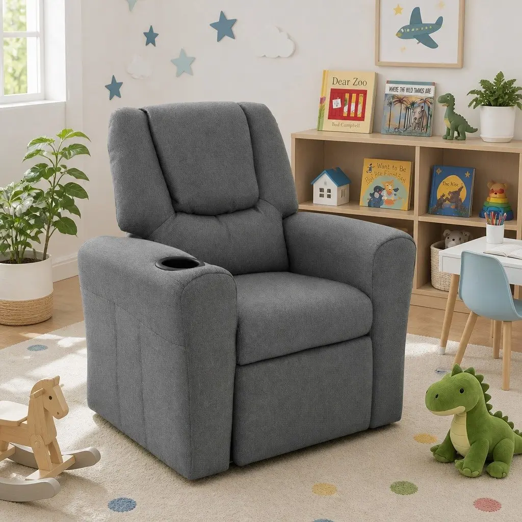 Kids Recliner Chair Grey Linen Armchair Lounge Sofa Couch with Cup Holder