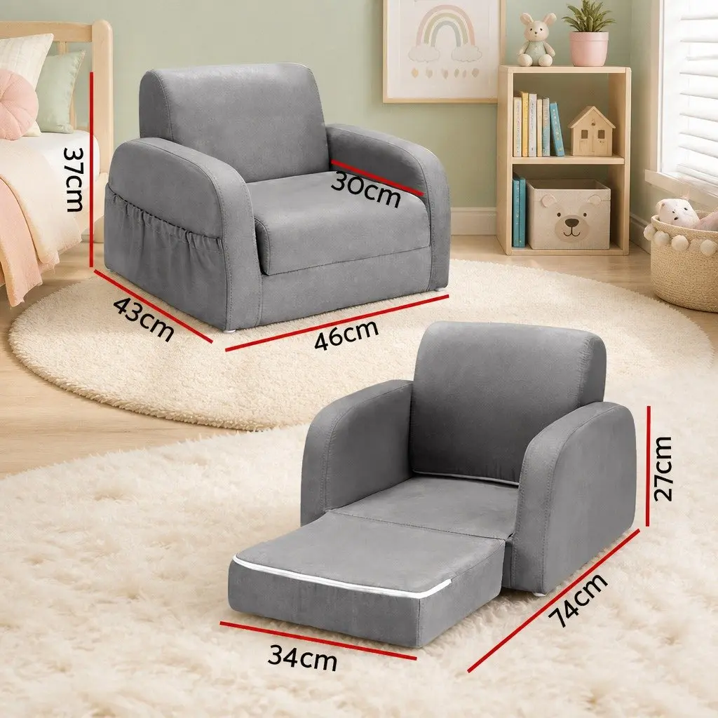 Kids 1 Seater Sofa Lounger Flip Open Armchair Timber Foam Fabric Grey