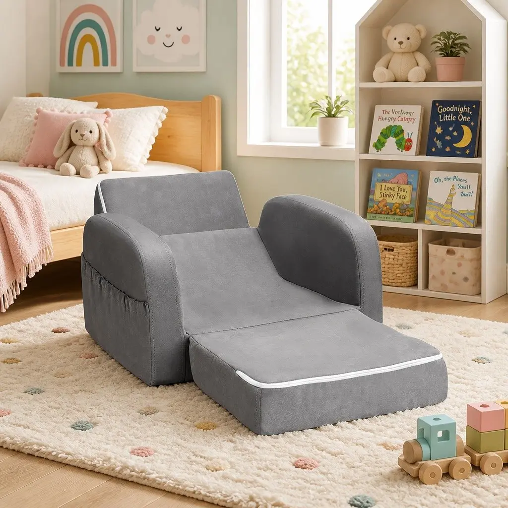 Kids 1 Seater Sofa Lounger Flip Open Armchair Timber Foam Fabric Grey