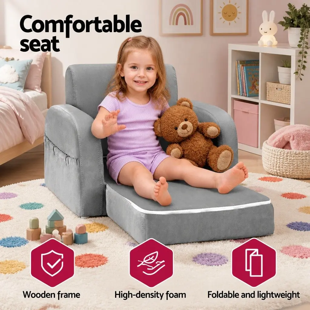 Kids 1 Seater Sofa Lounger Flip Open Armchair Timber Foam Fabric Grey