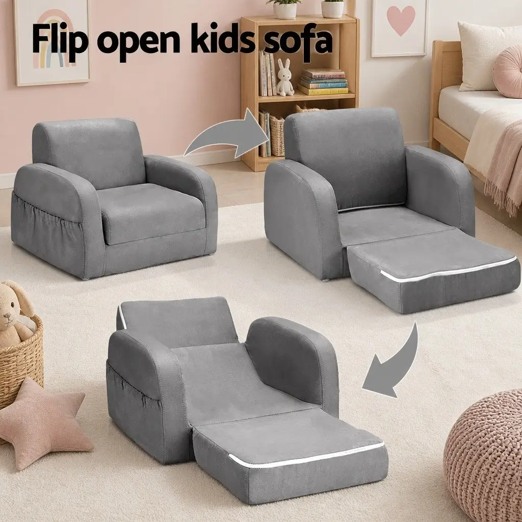 Kids 1 Seater Sofa Lounger Flip Open Armchair Timber Foam Fabric Grey
