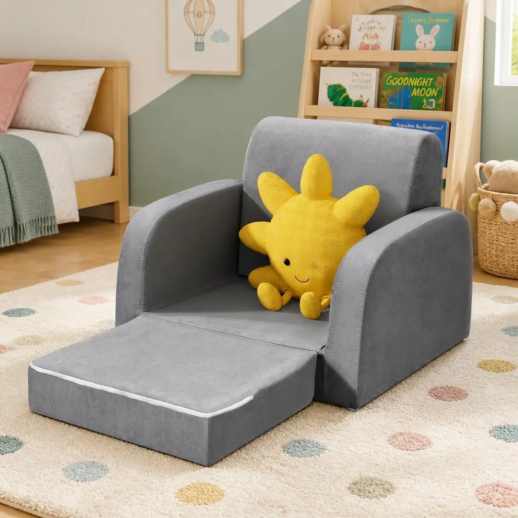 Kids 1 Seater Sofa Lounger Flip Open Armchair Timber Foam Fabric Grey
