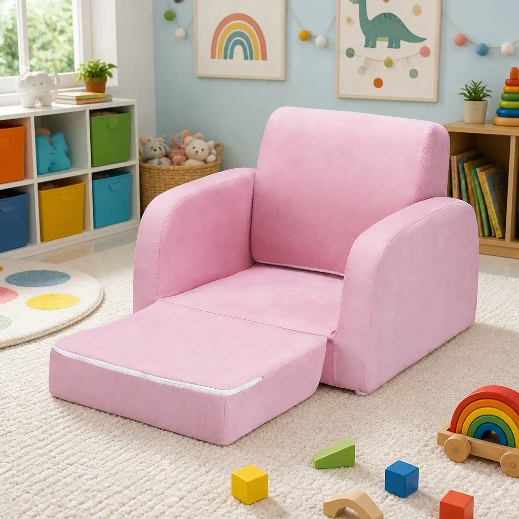 Kids Sofa Flip Open Couch Lounger Chair Timber Frame High-Density Foam Removable Fabric Cover Pink 1 Seater