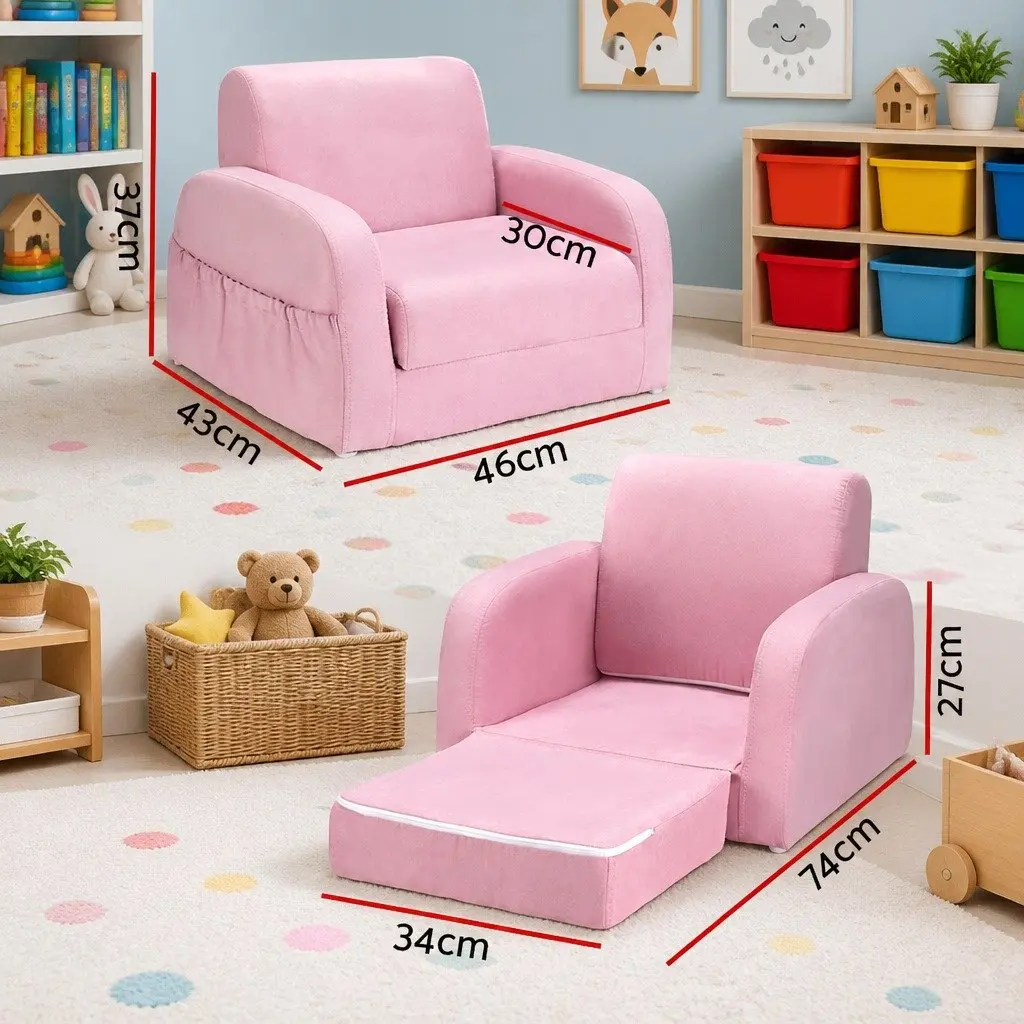 Kids Sofa Flip Open Couch Lounger Chair Timber Frame High-Density Foam Removable Fabric Cover Pink 1 Seater