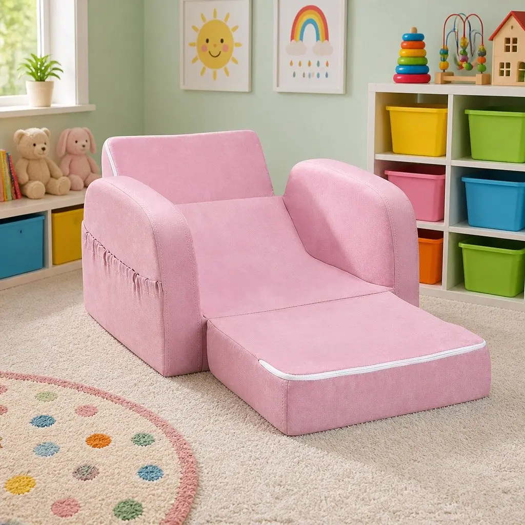 Kids Sofa Flip Open Couch Lounger Chair Timber Frame High-Density Foam Removable Fabric Cover Pink 1 Seater